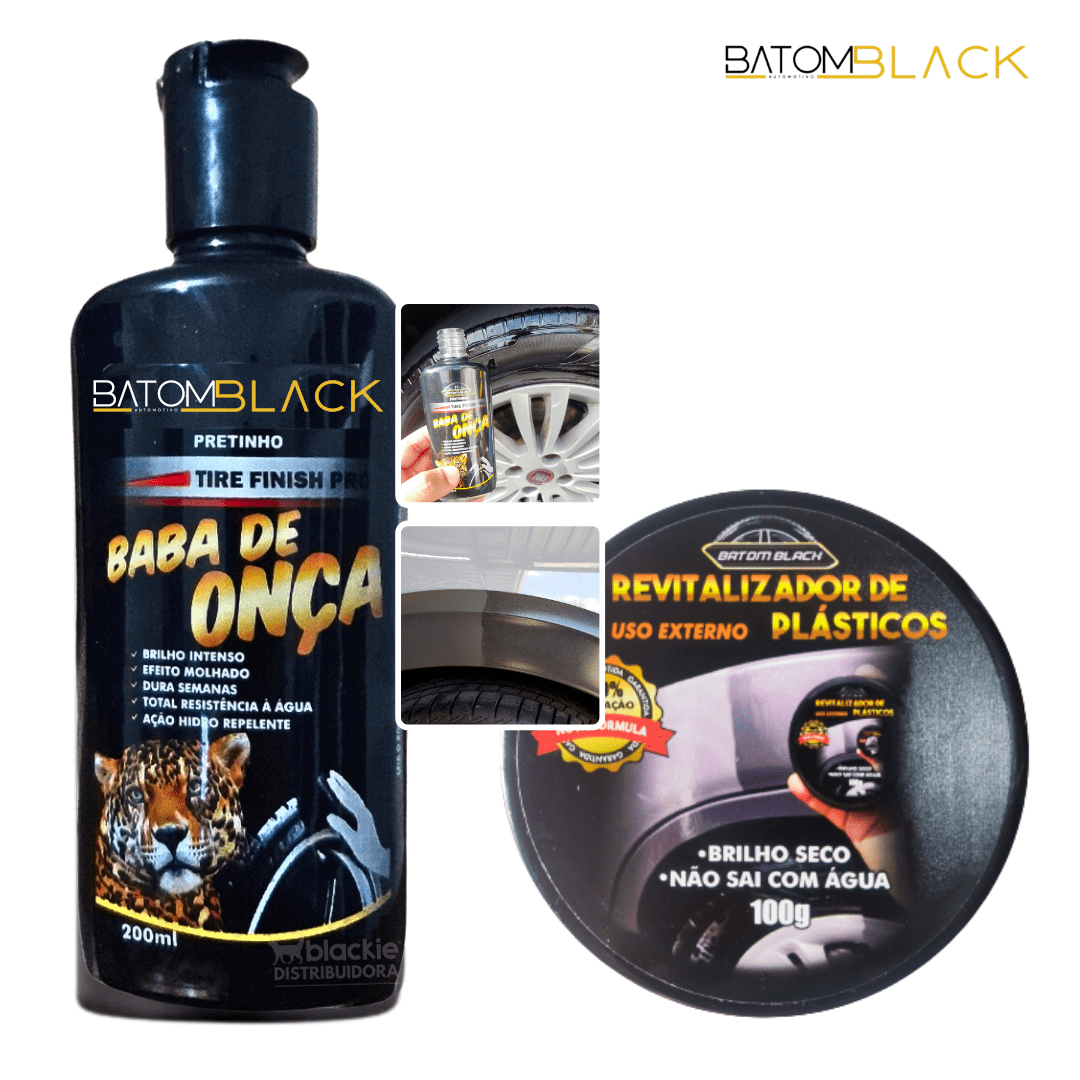 Kit Baba de Onça Pretinho de Pneus e Revitalizador de Plásticos Batom Black